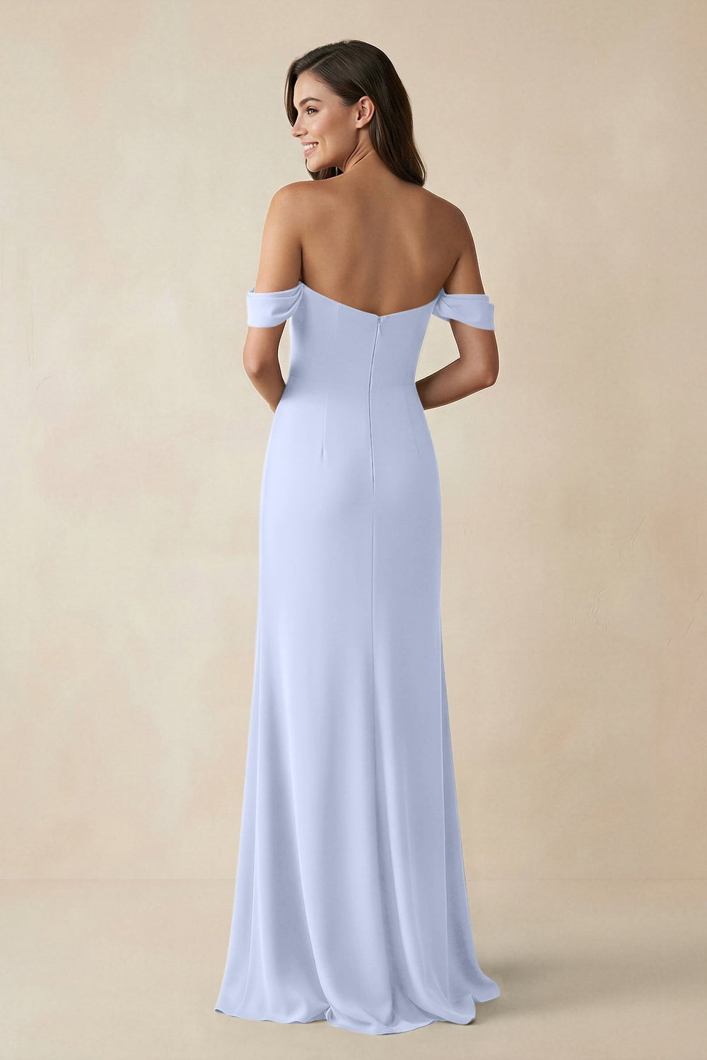 Off - the - Shoulder Sheath Bridesmaid Dress with Slit in Ice - KISS BRIDAL Bridesmaid Dresses