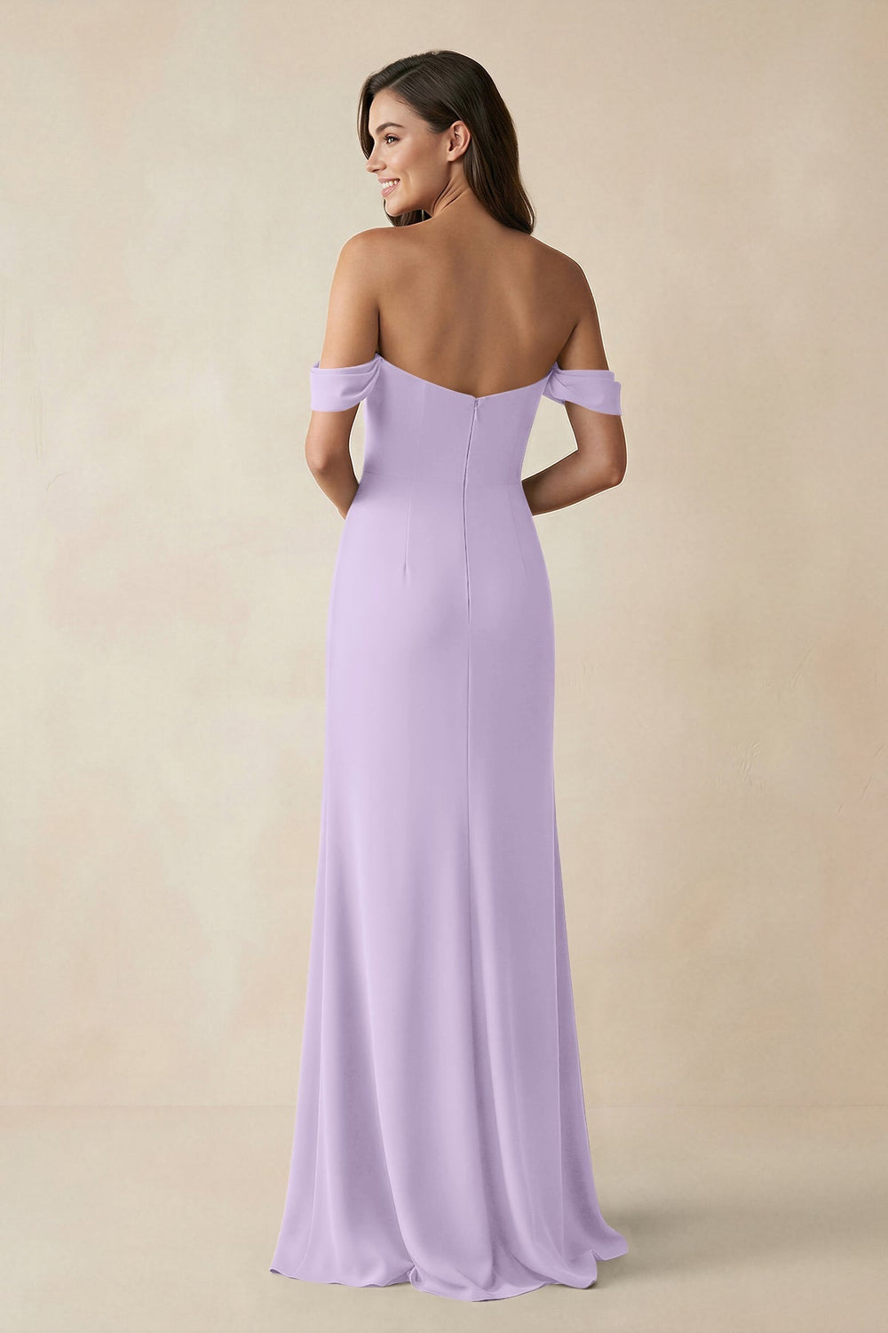 Off - the - Shoulder Sheath Bridesmaid Dress with Slit in Lavender - KISS BRIDAL Bridesmaid Dresses