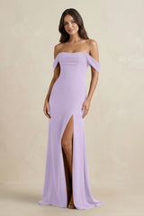 Off - the - Shoulder Sheath Bridesmaid Dress with Slit in Lavender - KISS BRIDAL Bridesmaid Dresses