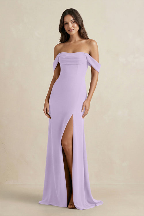 Off - the - Shoulder Sheath Bridesmaid Dress with Slit in Lavender - KISS BRIDAL Bridesmaid Dresses