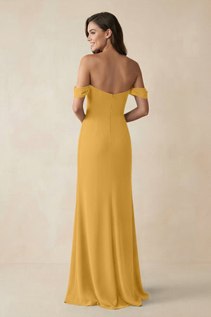 Off - the - Shoulder Sheath Bridesmaid Dress with Slit in Marigold - KISS BRIDAL Bridesmaid Dresses