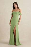Off - the - Shoulder Sheath Bridesmaid Dress with Slit in Matcha - KISS BRIDAL Bridesmaid Dresses