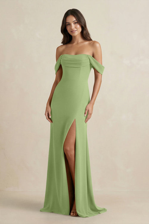 Off - the - Shoulder Sheath Bridesmaid Dress with Slit in Matcha - KISS BRIDAL Bridesmaid Dresses