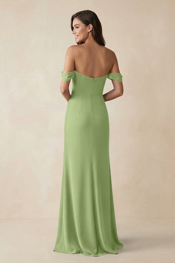 Off - the - Shoulder Sheath Bridesmaid Dress with Slit in Matcha - KISS BRIDAL Bridesmaid Dresses