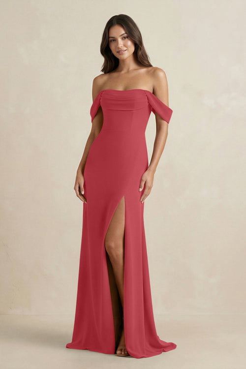 Off - the - Shoulder Sheath Bridesmaid Dress with Slit in Merlot - KISS BRIDAL Bridesmaid Dresses