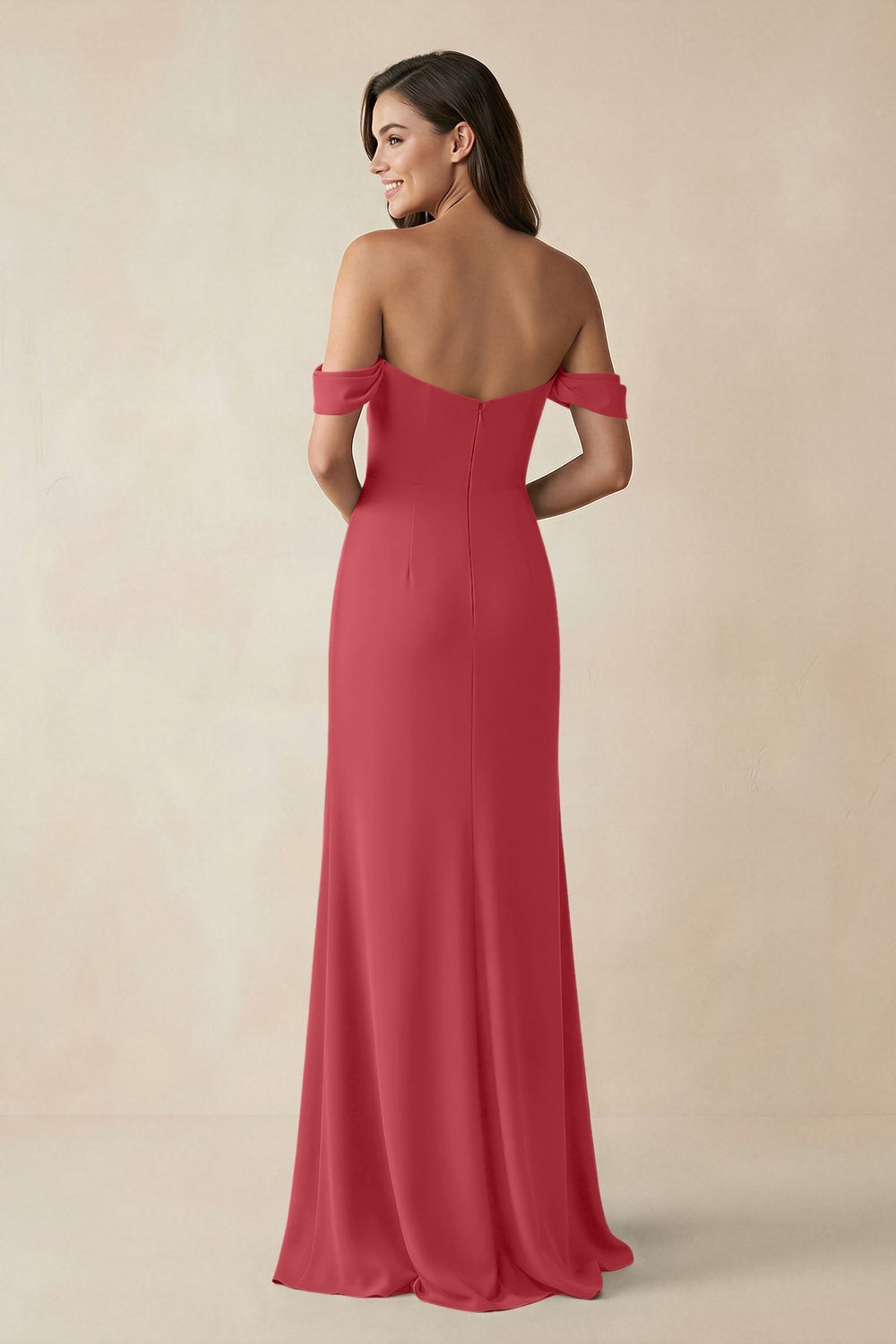Off - the - Shoulder Sheath Bridesmaid Dress with Slit in Merlot - KISS BRIDAL Bridesmaid Dresses