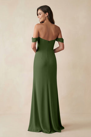 Off-the-Shoulder Sheath Bridesmaid Dress with Slit in Moss (2) | KISSBRIDAL