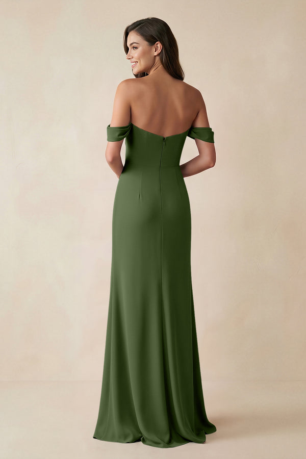 Off-the-Shoulder Sheath Bridesmaid Dress with Slit in Moss (2) | KISSBRIDAL