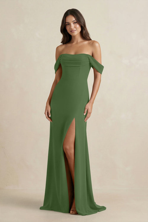 Off - the - Shoulder Sheath Bridesmaid Dress with Slit in Moss - KISS BRIDAL Bridesmaid Dresses