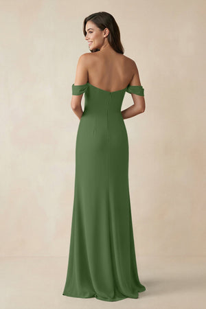 Off - the - Shoulder Sheath Bridesmaid Dress with Slit in Moss - KISS BRIDAL Bridesmaid Dresses