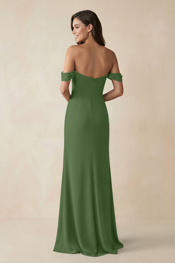 Off - the - Shoulder Sheath Bridesmaid Dress with Slit in Moss - KISS BRIDAL Bridesmaid Dresses
