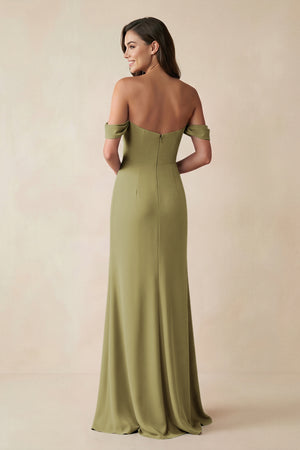 Off-the-Shoulder Sheath Bridesmaid Dress with Slit in Moss Green (2) | KISSBRIDAL