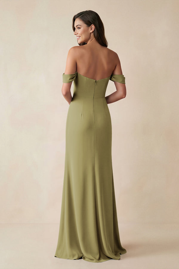 Off-the-Shoulder Sheath Bridesmaid Dress with Slit in Moss Green (2) | KISSBRIDAL