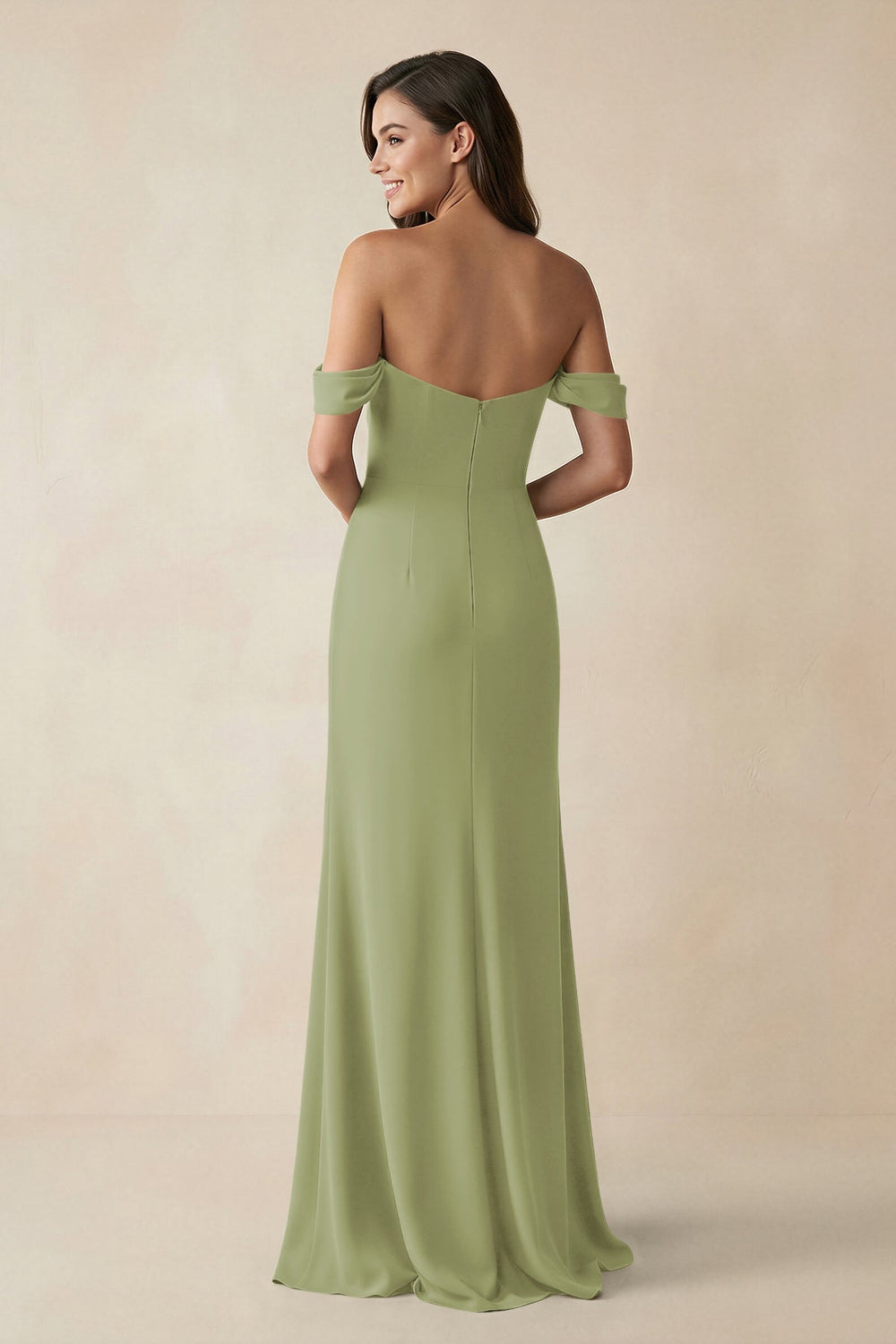 Off - the - Shoulder Sheath Bridesmaid Dress with Slit in Moss Green - KISS BRIDAL Bridesmaid Dresses