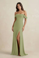 Off - the - Shoulder Sheath Bridesmaid Dress with Slit in Moss Green - KISS BRIDAL Bridesmaid Dresses