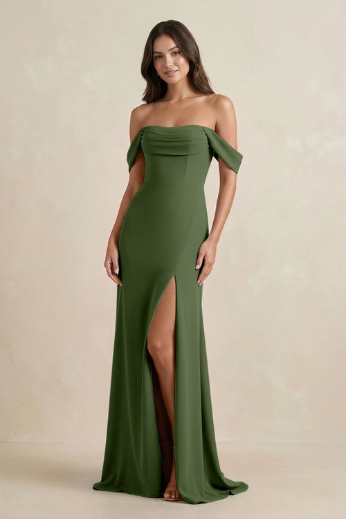 Off-the-Shoulder Sheath Bridesmaid Dress with Slit in Moss | KISSBRIDAL