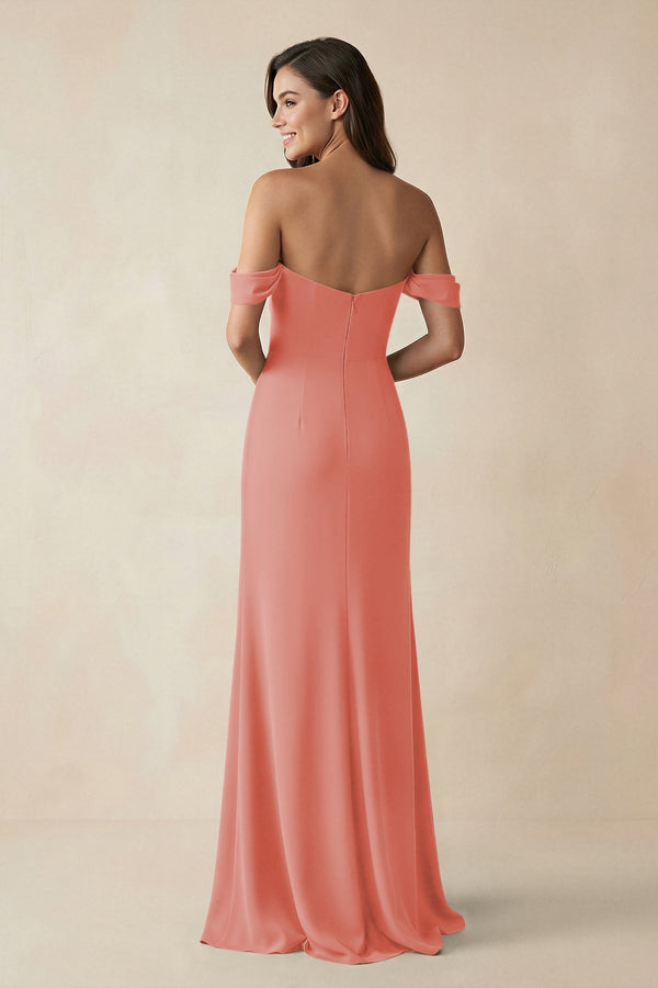 Off - the - Shoulder Sheath Bridesmaid Dress with Slit in Mulberry - KISS BRIDAL Bridesmaid Dresses