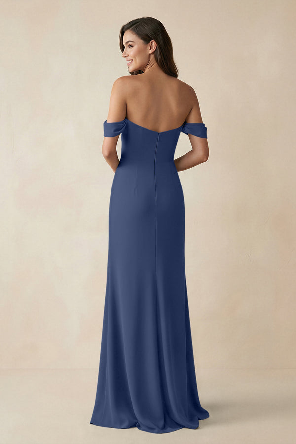 Off - the - Shoulder Sheath Bridesmaid Dress with Slit in Navy - KISS BRIDAL Bridesmaid Dresses