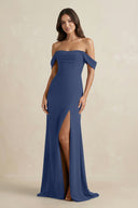 Off - the - Shoulder Sheath Bridesmaid Dress with Slit in Navy - KISS BRIDAL Bridesmaid Dresses