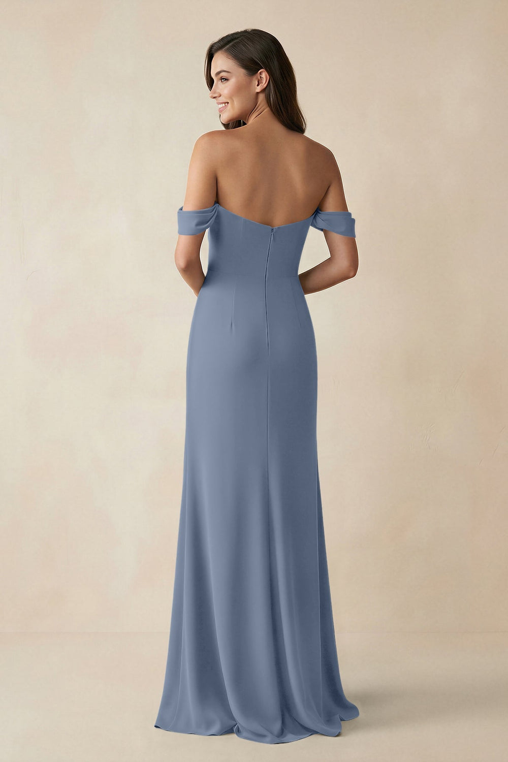 Off - the - Shoulder Sheath Bridesmaid Dress with Slit in Neptune - KISS BRIDAL Bridesmaid Dresses