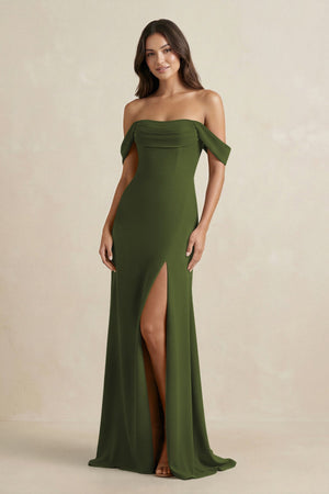 Off - the - Shoulder Sheath Bridesmaid Dress with Slit in Olive - KISS BRIDAL Bridesmaid Dresses