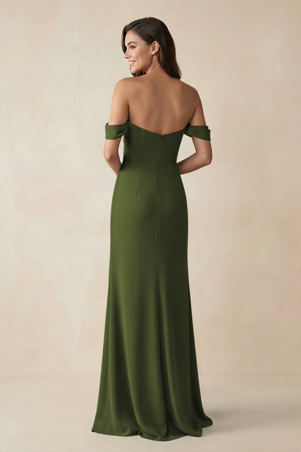 Off - the - Shoulder Sheath Bridesmaid Dress with Slit in Olive - KISS BRIDAL Bridesmaid Dresses