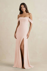 Off - the - Shoulder Sheath Bridesmaid Dress with Slit in Pale Blush - KISS BRIDAL Bridesmaid Dresses