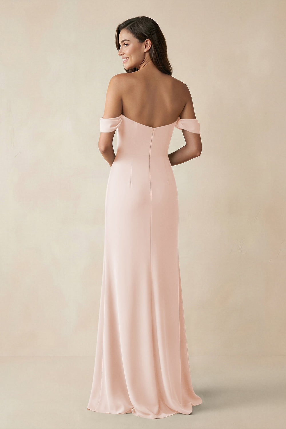 Off - the - Shoulder Sheath Bridesmaid Dress with Slit in Pale Blush - KISS BRIDAL Bridesmaid Dresses