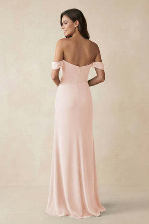 Off - the - Shoulder Sheath Bridesmaid Dress with Slit in Pale Blush - KISS BRIDAL Bridesmaid Dresses