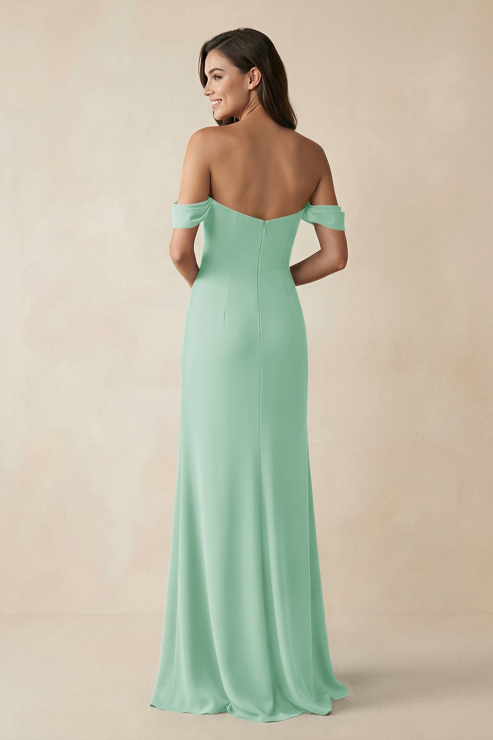 Off - the - Shoulder Sheath Bridesmaid Dress with Slit in Pale Pistachio - KISS BRIDAL Bridesmaid Dresses