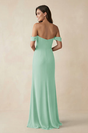 Off - the - Shoulder Sheath Bridesmaid Dress with Slit in Pale Pistachio - KISS BRIDAL Bridesmaid Dresses