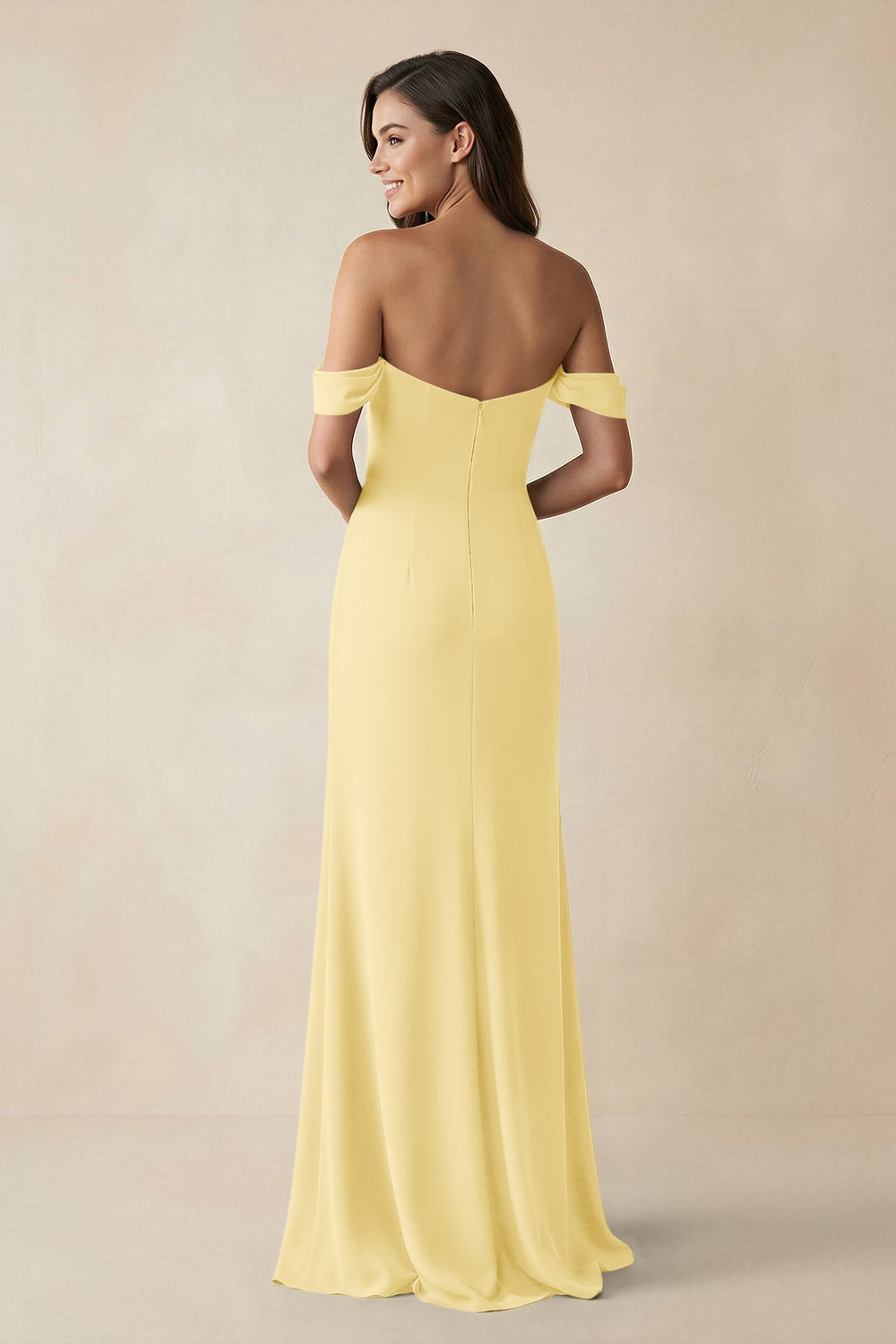 Off - the - Shoulder Sheath Bridesmaid Dress with Slit in Pastel Yellow - KISS BRIDAL Bridesmaid Dresses