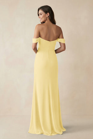 Off - the - Shoulder Sheath Bridesmaid Dress with Slit in Pastel Yellow - KISS BRIDAL Bridesmaid Dresses