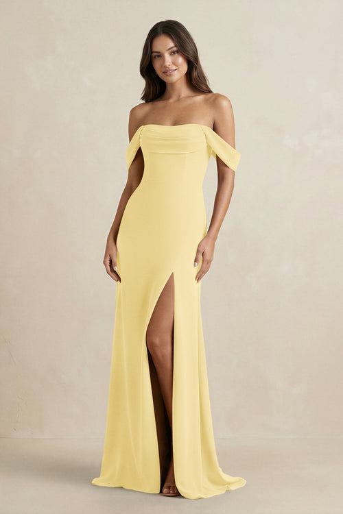 Off - the - Shoulder Sheath Bridesmaid Dress with Slit in Pastel Yellow - KISS BRIDAL Bridesmaid Dresses