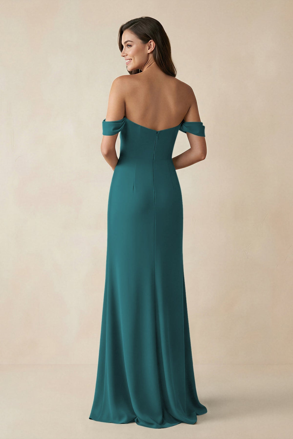 Off - the - Shoulder Sheath Bridesmaid Dress with Slit in Pine - KISS BRIDAL Bridesmaid Dresses