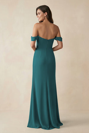 Off - the - Shoulder Sheath Bridesmaid Dress with Slit in Pine - SHE IS ME Bridesmaid Dresses