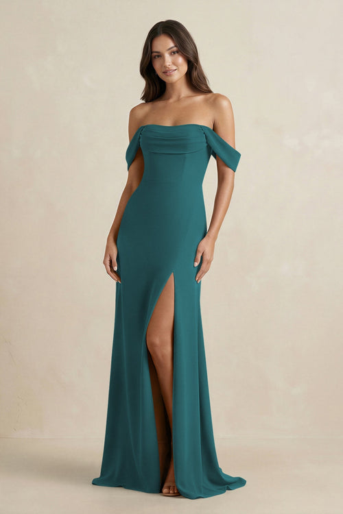 Off - the - Shoulder Sheath Bridesmaid Dress with Slit in Pine - SHE IS ME Bridesmaid Dresses