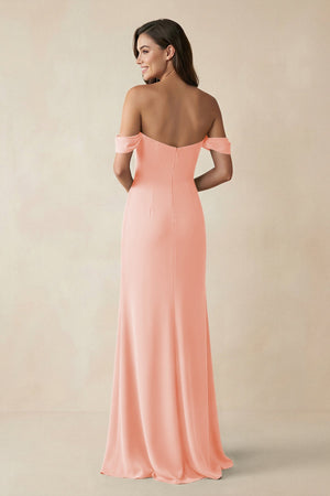 Off - the - Shoulder Sheath Bridesmaid Dress with Slit in Rose Petal - KISS BRIDAL Bridesmaid Dresses
