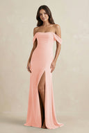 Off - the - Shoulder Sheath Bridesmaid Dress with Slit in Rose Petal - KISS BRIDAL Bridesmaid Dresses