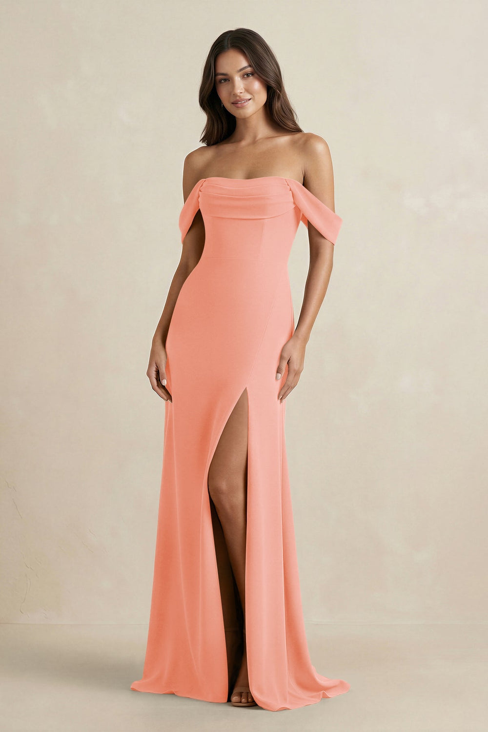 Off - the - Shoulder Sheath Bridesmaid Dress with Slit in Rosette - KISS BRIDAL Bridesmaid Dresses