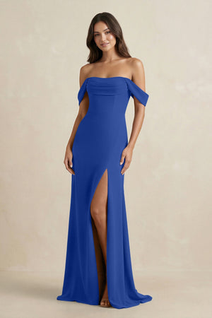 Off - the - Shoulder Sheath Bridesmaid Dress with Slit in Royal Blue - KISS BRIDAL Bridesmaid Dresses