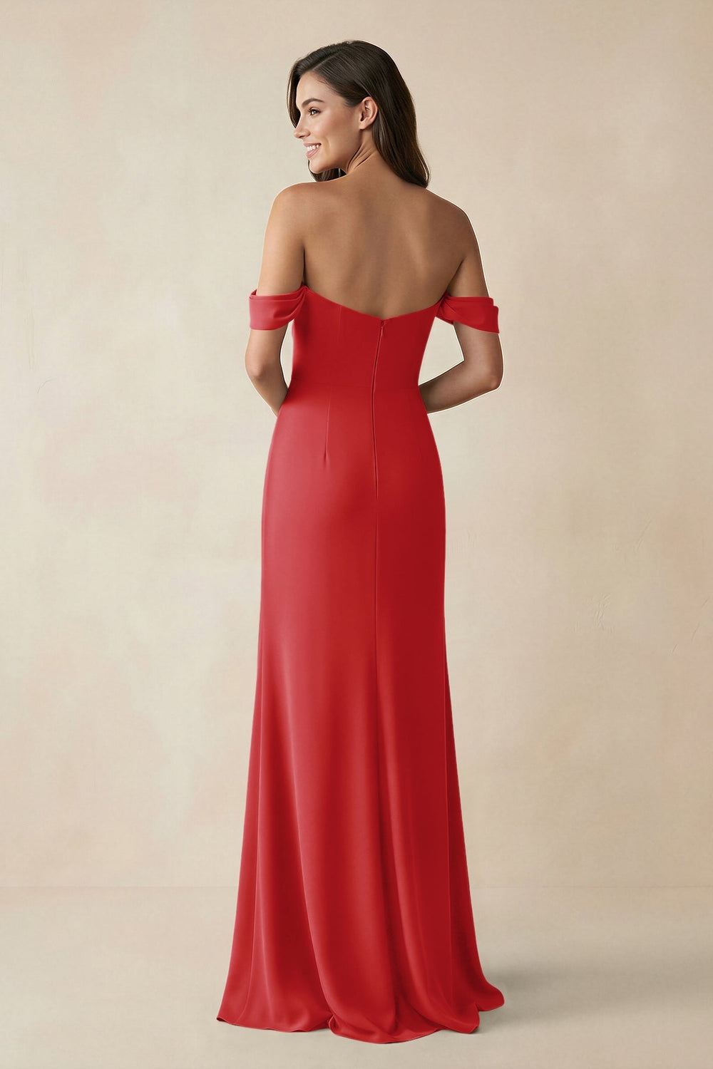 Off - the - Shoulder Sheath Bridesmaid Dress with Slit in Ruby Red - KISS BRIDAL Bridesmaid Dresses