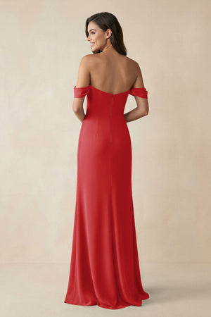 Off - the - Shoulder Sheath Bridesmaid Dress with Slit in Ruby Red - KISS BRIDAL Bridesmaid Dresses