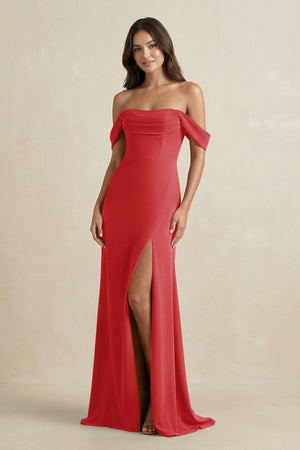 Off - the - Shoulder Sheath Bridesmaid Dress with Slit in Ruby Red - KISS BRIDAL Bridesmaid Dresses