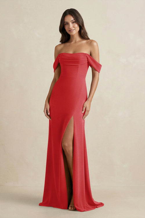 Off - the - Shoulder Sheath Bridesmaid Dress with Slit in Ruby Red - KISS BRIDAL Bridesmaid Dresses