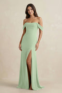 Off - the - Shoulder Sheath Bridesmaid Dress with Slit in Sage - KISS BRIDAL Bridesmaid Dresses