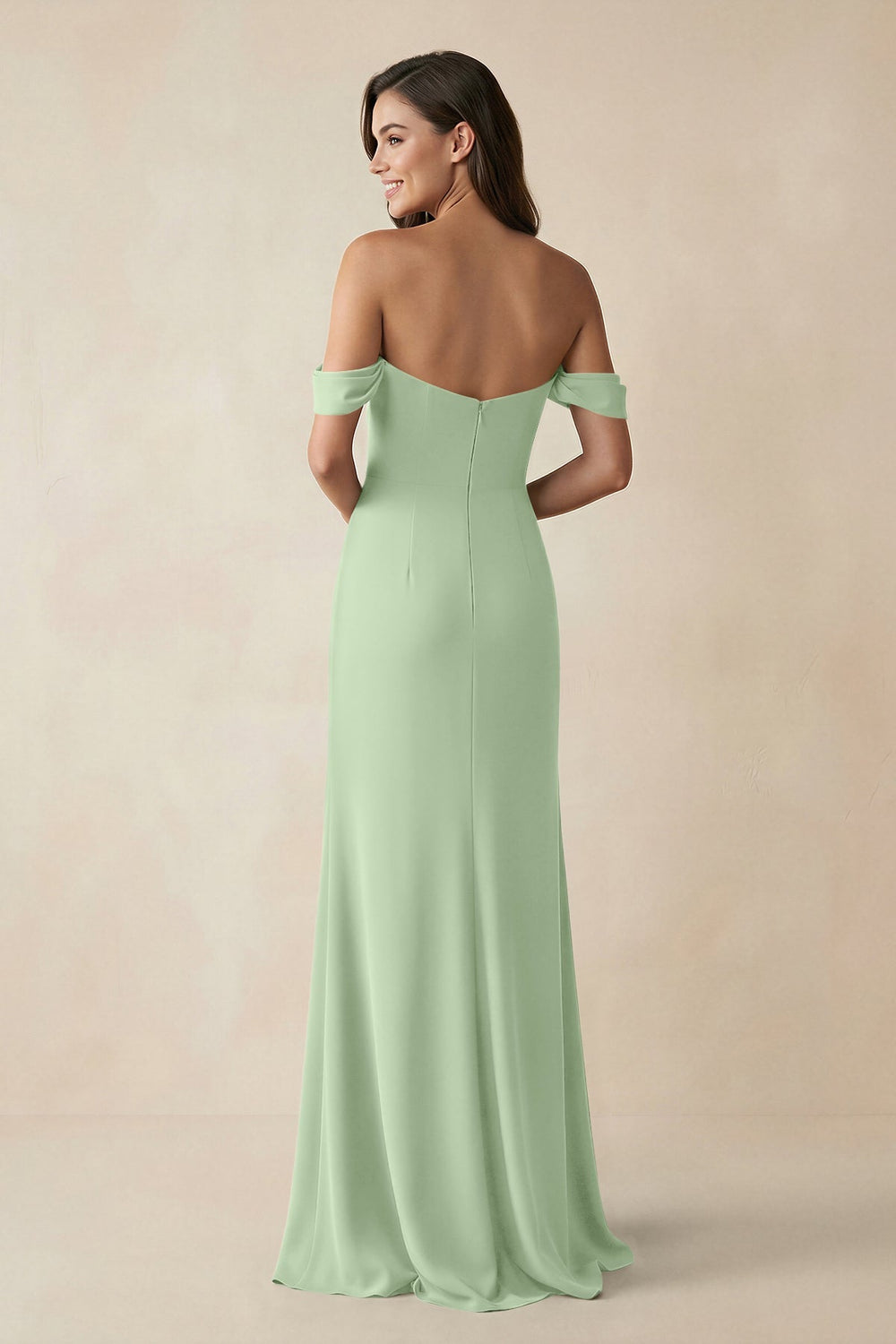 Off - the - Shoulder Sheath Bridesmaid Dress with Slit in Sage - KISS BRIDAL Bridesmaid Dresses