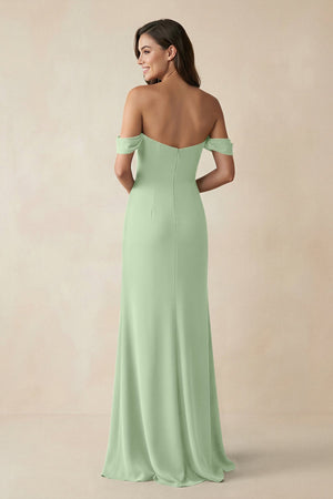 Off - the - Shoulder Sheath Bridesmaid Dress with Slit in Sage - KISS BRIDAL Bridesmaid Dresses