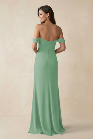 Off - the - Shoulder Sheath Bridesmaid Dress with Slit in Sea Glass - KISS BRIDAL Bridesmaid Dresses