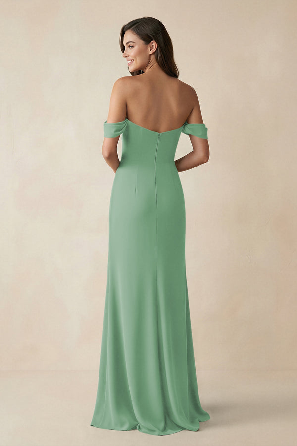 Off - the - Shoulder Sheath Bridesmaid Dress with Slit in Sea Glass - KISS BRIDAL Bridesmaid Dresses